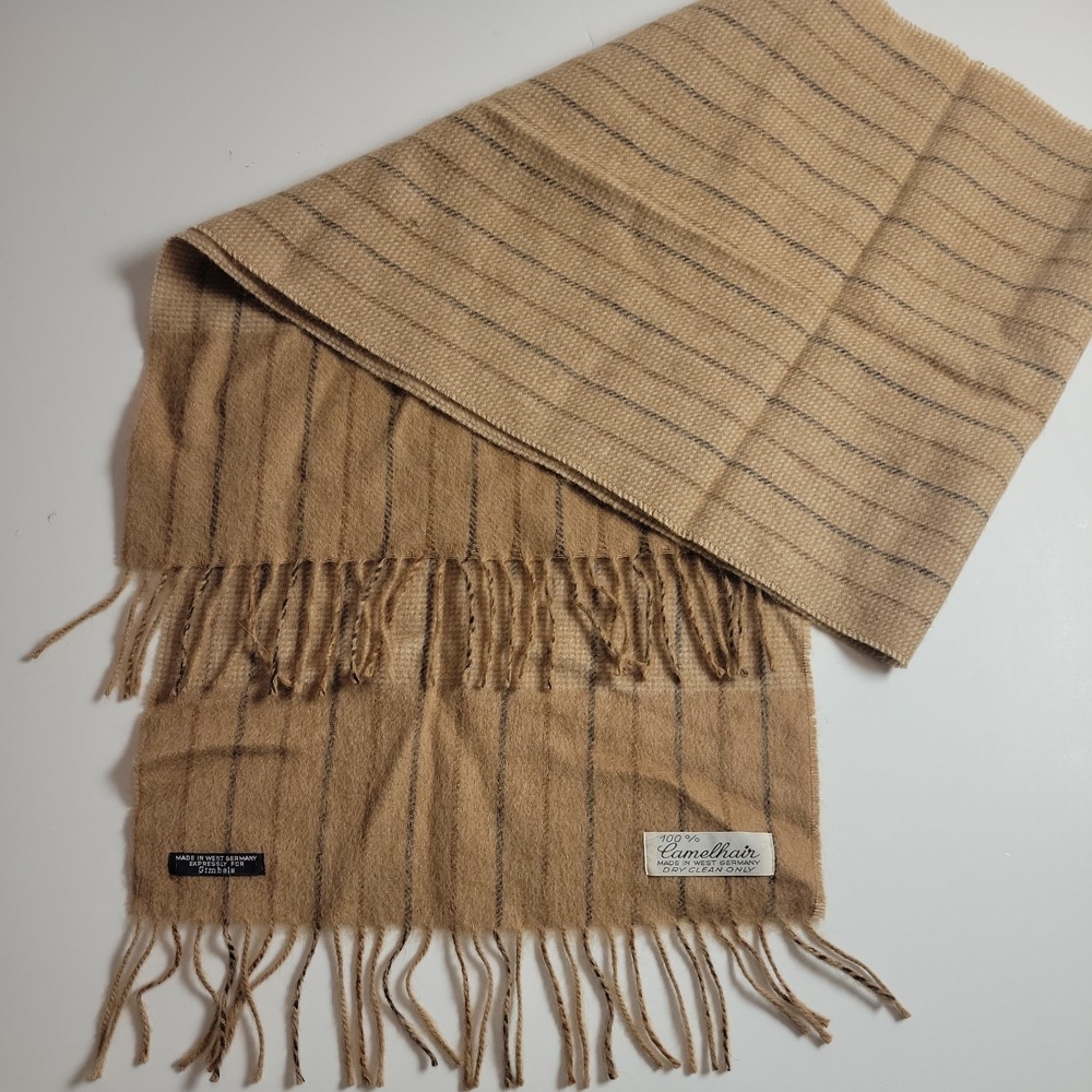 VTG 100% Camelhair Scarf West Germany Gimbels Stripe Brown Houndstooth  12 X 52"